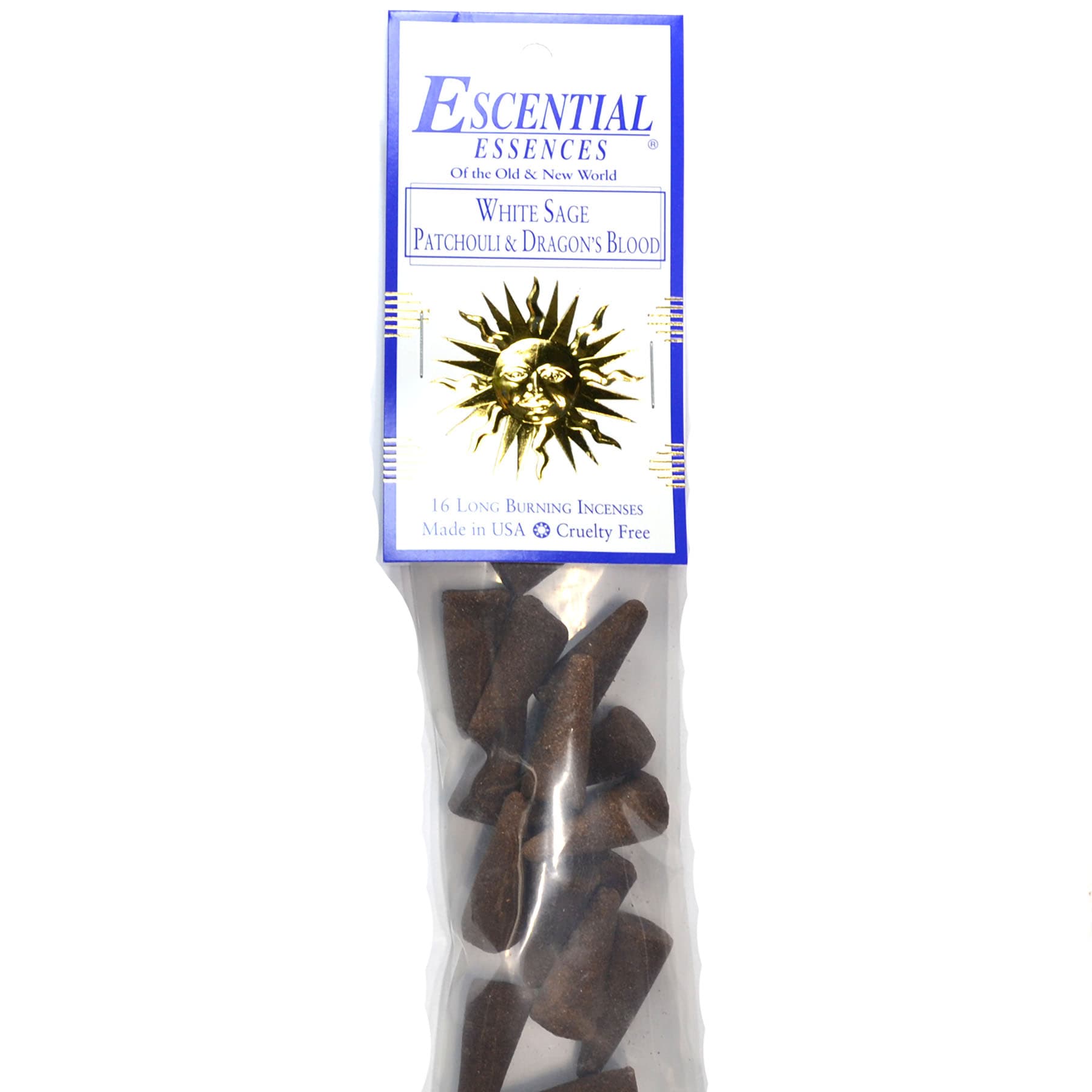 16/pk White Sage, Patchouli,Dragons Blood escential essences incense cones