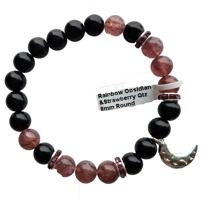 8mm Rainbow Obsidian & Strawberry Quartz / Moon