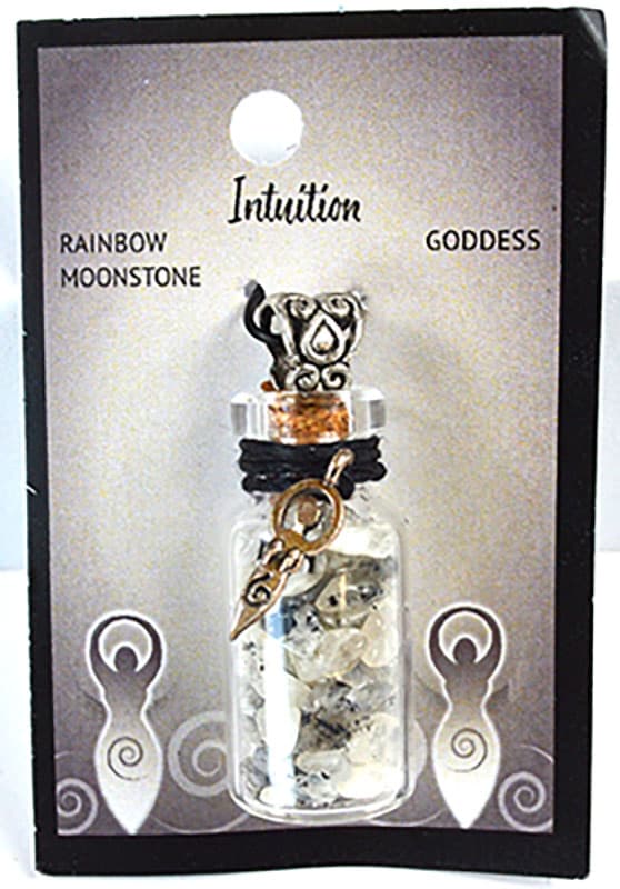 Rainbow Moonstone Chips in Bottle with Goddess necklace